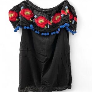 Black Off-Shoulder Dress with Blue Pom Poms